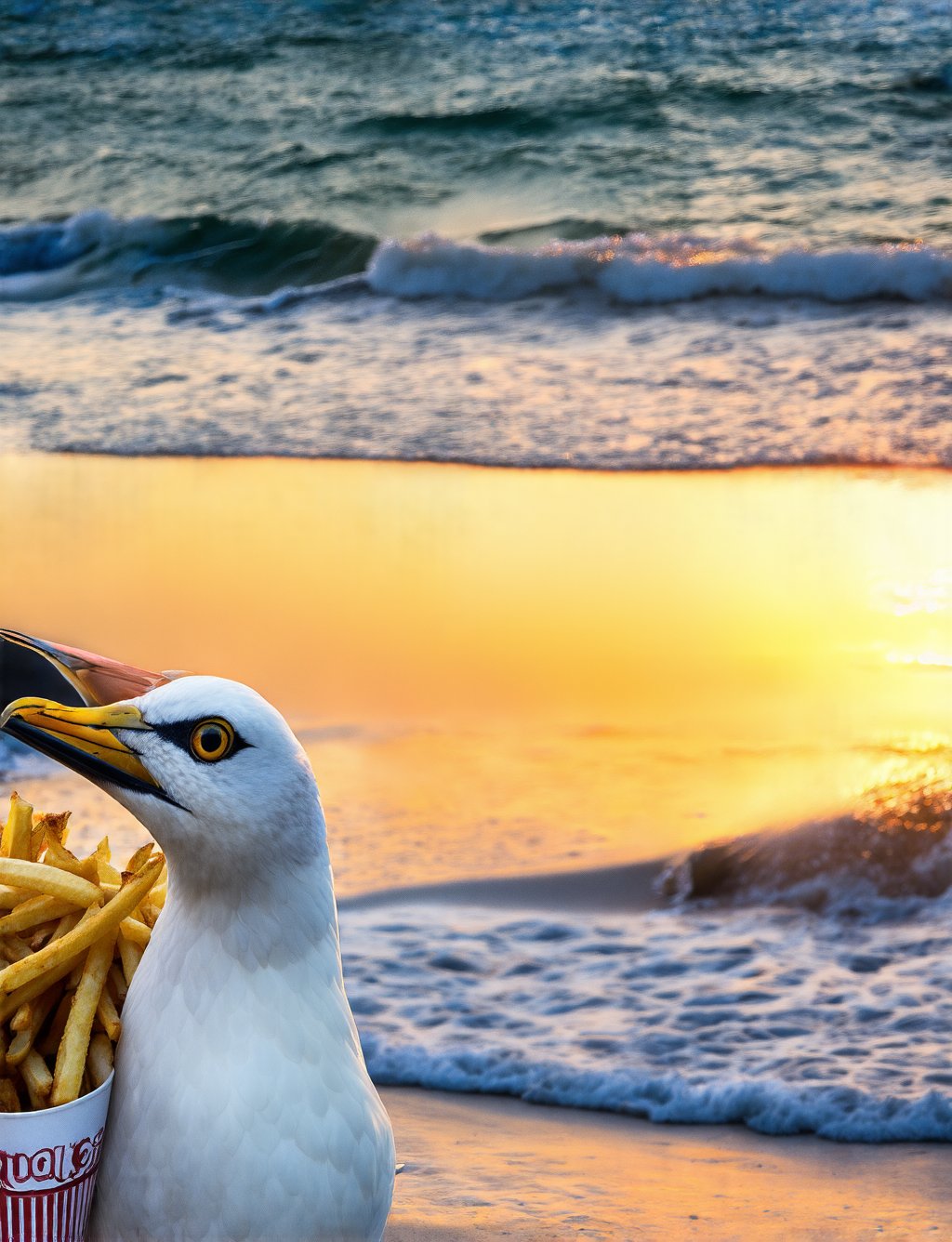 seagull, seagulls, fries, french fries, beach, coastal, ocean, seaside, waves, sunset, golden hour, beautiful detailed eyes, detailed feathers, detailed textures, intricate details, photorealistic, 8k, highly detailed, hyper realistic, cinematic lighting, dramatic lighting, vivid colors, stunning colors