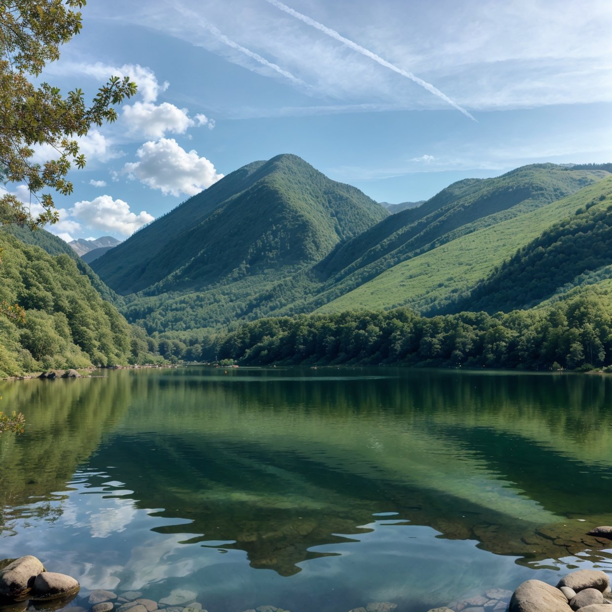 watercolor landscape, beautiful serene lake, lush green forest, mountains in the distance, soft natural lighting, warm color palette, impressionist style, detailed reflections on the water, wispy clouds in the sky, vibrant wildflowers, tranquil atmosphere, picturesque scenery, (best quality,4k,8k,highres,masterpiece:1.2),ultra-detailed,(realistic,photorealistic,photo-realistic:1.37)