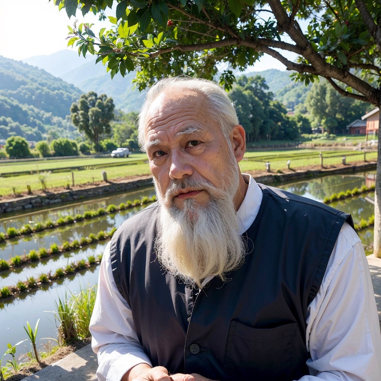 (old man,white beard,working,rice field,China,traditional,farming,harvesting,sunlight,peaceful,scenic beauty,humble,hardworking)