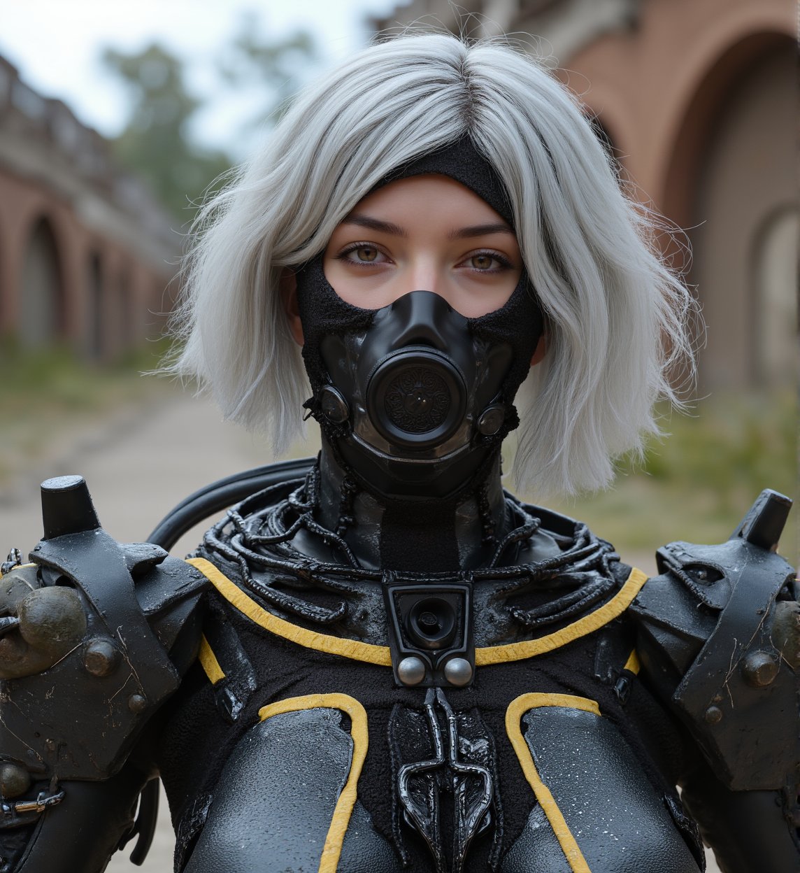 (masterpiece:1.2,high quality), 1girl, ((ultra realistic details)), global illumination, shadows, Unreal Engine, octane render, 8k, ultra sharp, metal, intricate, ornaments detailed, highly intricate details, yellow eyes, (mechanical body:1.2), white hair, (black gas mask), Gear, bob cut, hundreds of wires, Terran, (Robot, android:1.15), Apocalypse, broken buildings