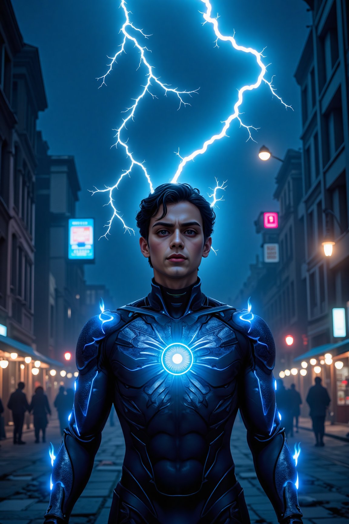 (17-year-old young man in soul body with blue and black lightning particles emitting around it), 3D rendering, movie special effects, movie lighting, city in ruins, clear HD, 8K resolution, very detailed, digital painting, concept art, Shinkai Makoto style, pop popularization trend, pop, pop trend, pop trend on pixiv.