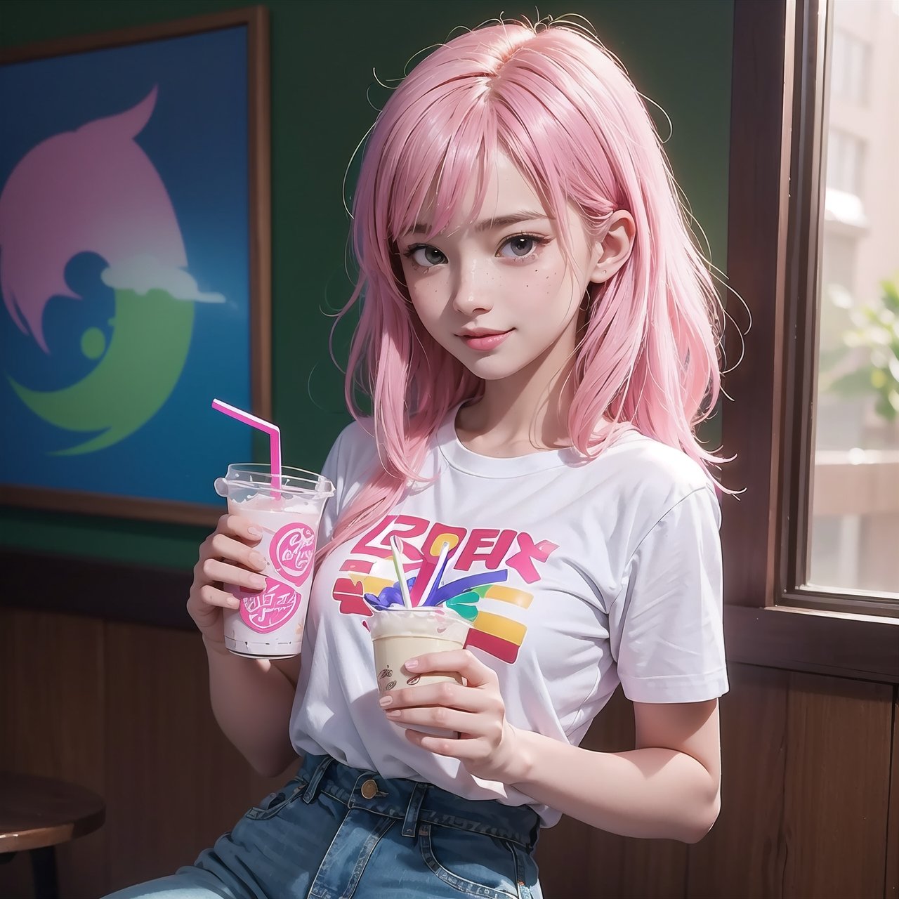 anipoma1, (masterpiece, best illustration, best manga), solo, 1girl, violet eyes, (shiny skin, soft hair), (holding a milkshake), freckles, (bright pink two tone hair:1.3), (wearing a led zepplin tshirt, denim jeans), (extreme light and shadow, volumetric lighting, rim lighting), (daylight:.5), (rainbow lights, light leak), (seductive, smirk), (solo), mangadusk1, manwha1