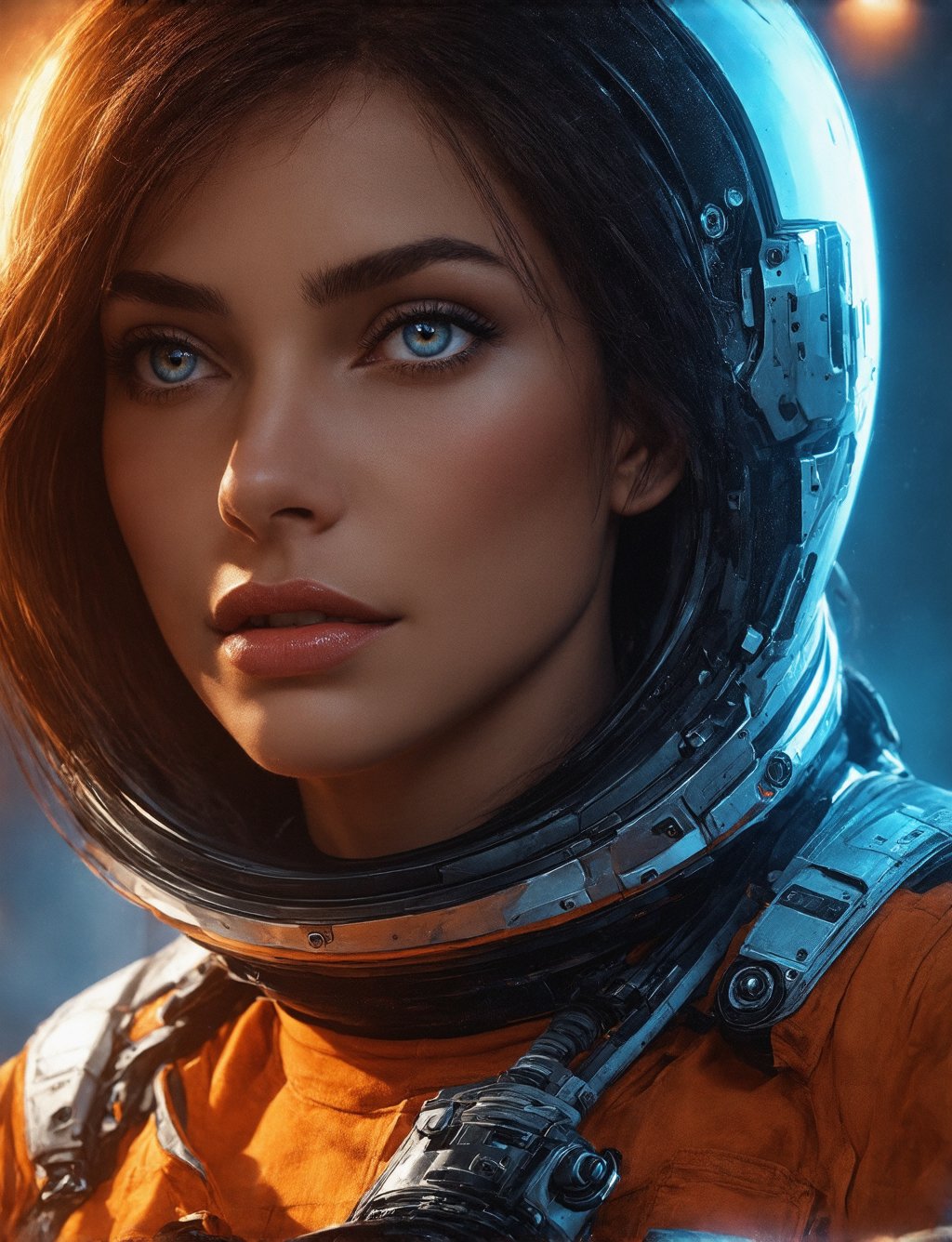 woman 25 years beautiful astronaut 1950 , deep blue eyes, clothes in orange color details in metallic white, cinematic, photo shoot, half backlight, backlight, dramatic lighting , Incandescent, Soft lighting, insanely detailed and intricate, hyper maximalist, arte no estilo de guweiz, elegant pose, dynamic, photography, volumetric , ultra detailed, intricate detail, super detailed obra-prima de guweiz, futuristic environment