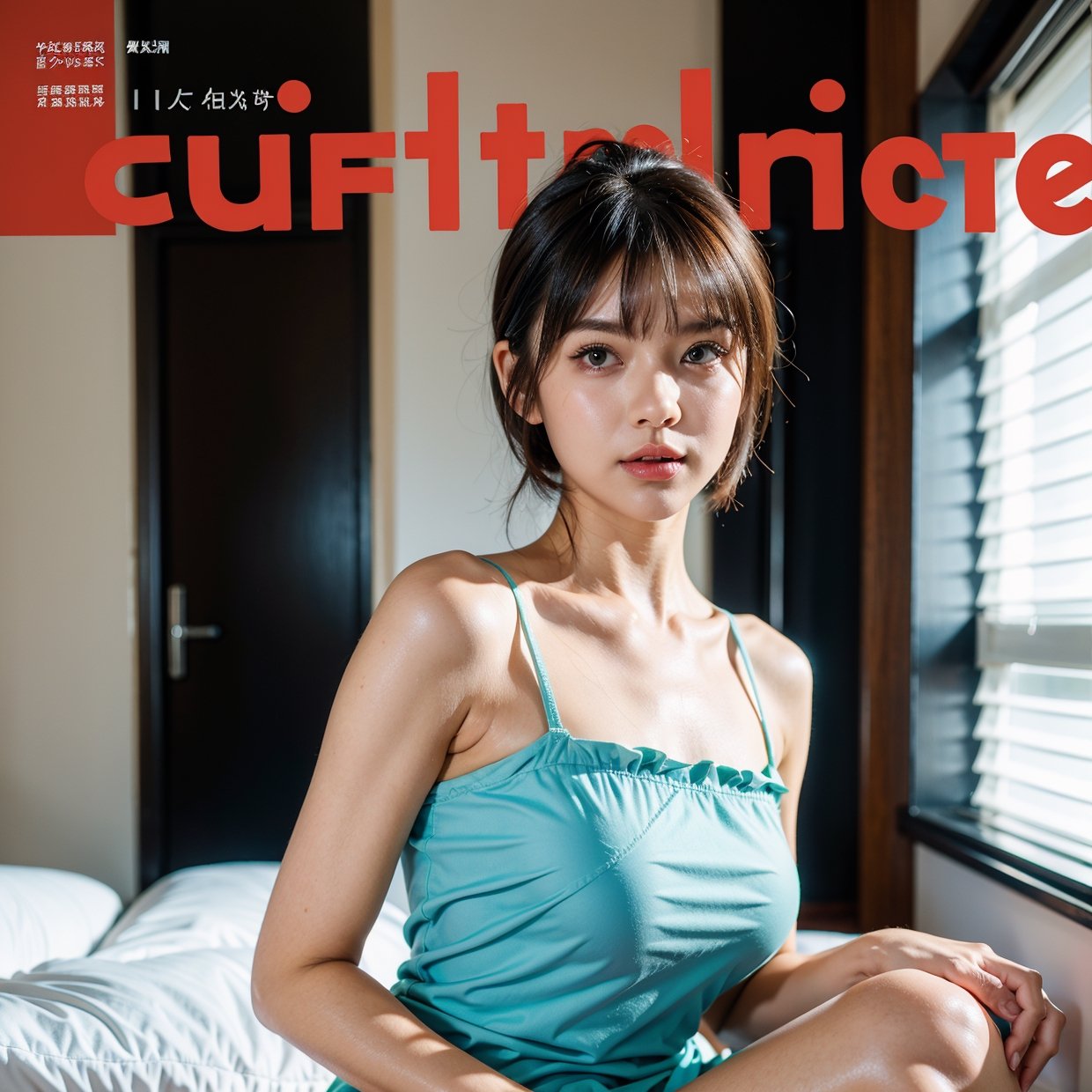 Poster, text, cover, ((poster cover)), ((magazine cover)), masterpiece, superlative, spring dress, colored hair, magazine cover, upper body, 1 girl, maid outfit, light blue short hair, black outfit, maid outfit, bed, exposed shoulders, blue eyes, hairpins, full body, sitting on bed, ((bangs comb on the right))), window, sunlight, (symmetrical eyes) magazine cover, upper body