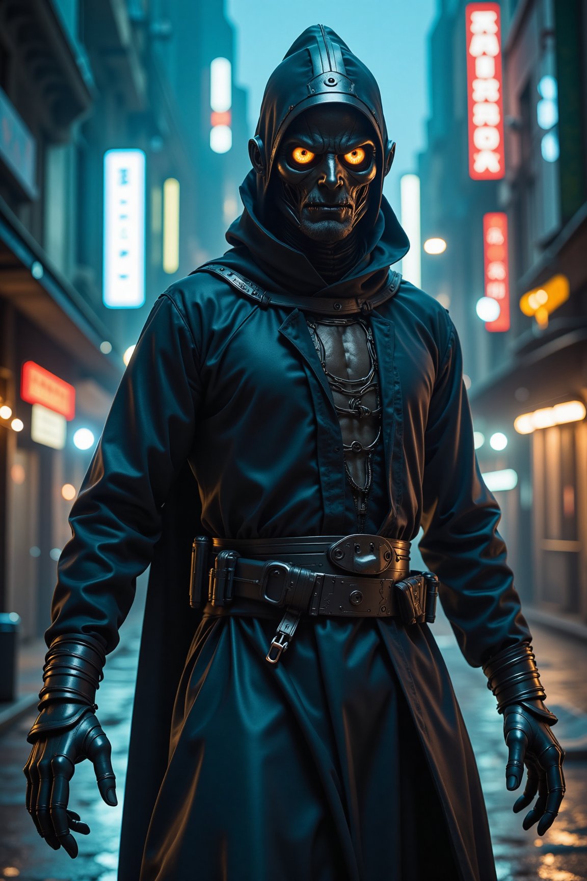 (best quality:1.3), (best performance:1.2), (best illustration:1.2), (Comic style:1.2), (artistic cinematic lighting:1.2) (1man) wearing futuristic technological Cyberpunk electronic robes, his body is covered by metallic parts, in a cinematic horror movie background in a futuristic Cyberpunk city.

