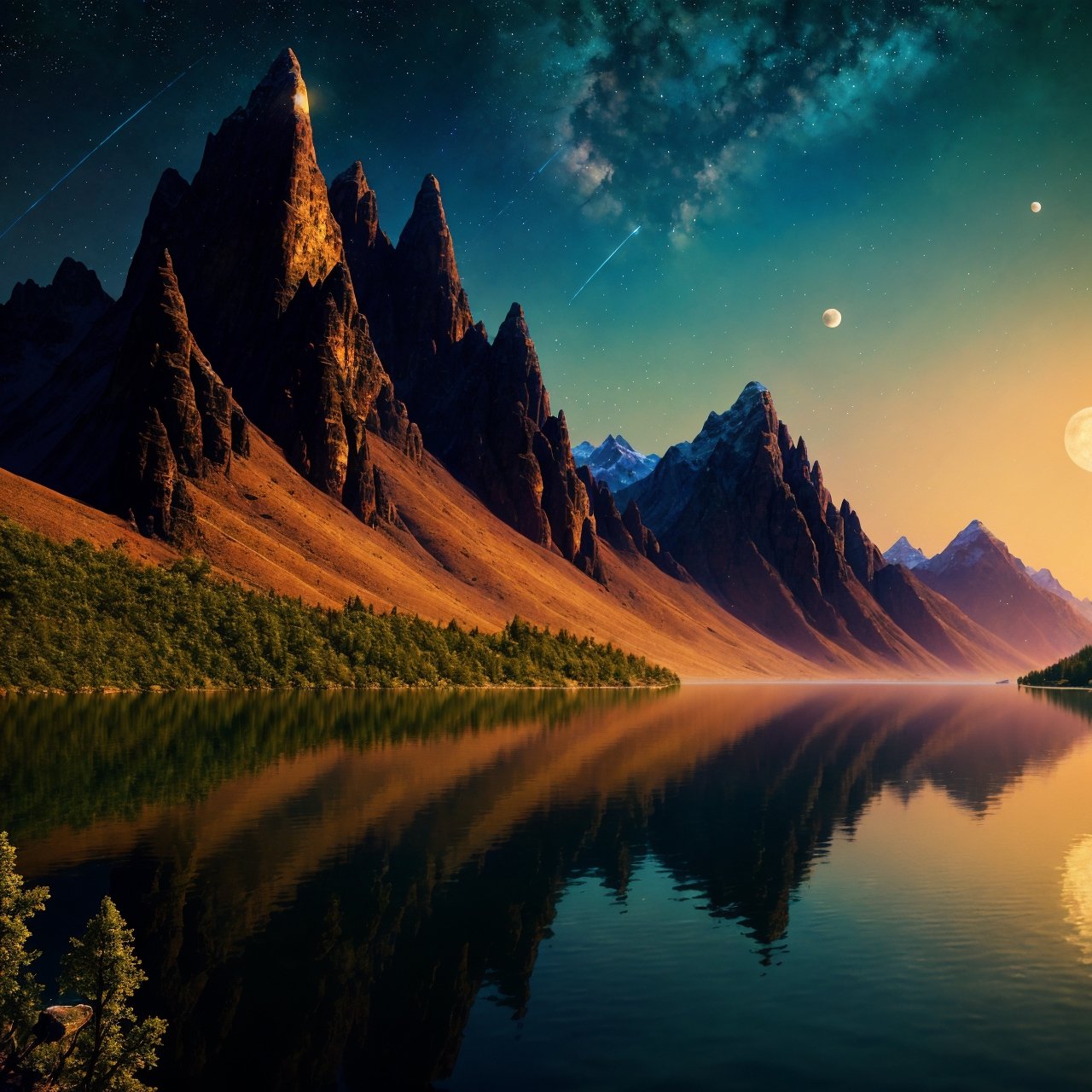 mountains and a lake with a moon in the sky, 4k highly detailed digital art, 4 k hd wallpaper very detailed, impressive fantasy landscape, sci-fi fantasy desktop wallpaper, unreal engine 4k wallpaper, 4k detailed digital art, sci-fi fantasy wallpaper, epic dreamlike fantasy landscape, 4k hd matte digital painting, 8k stunning artwork,photorealistic