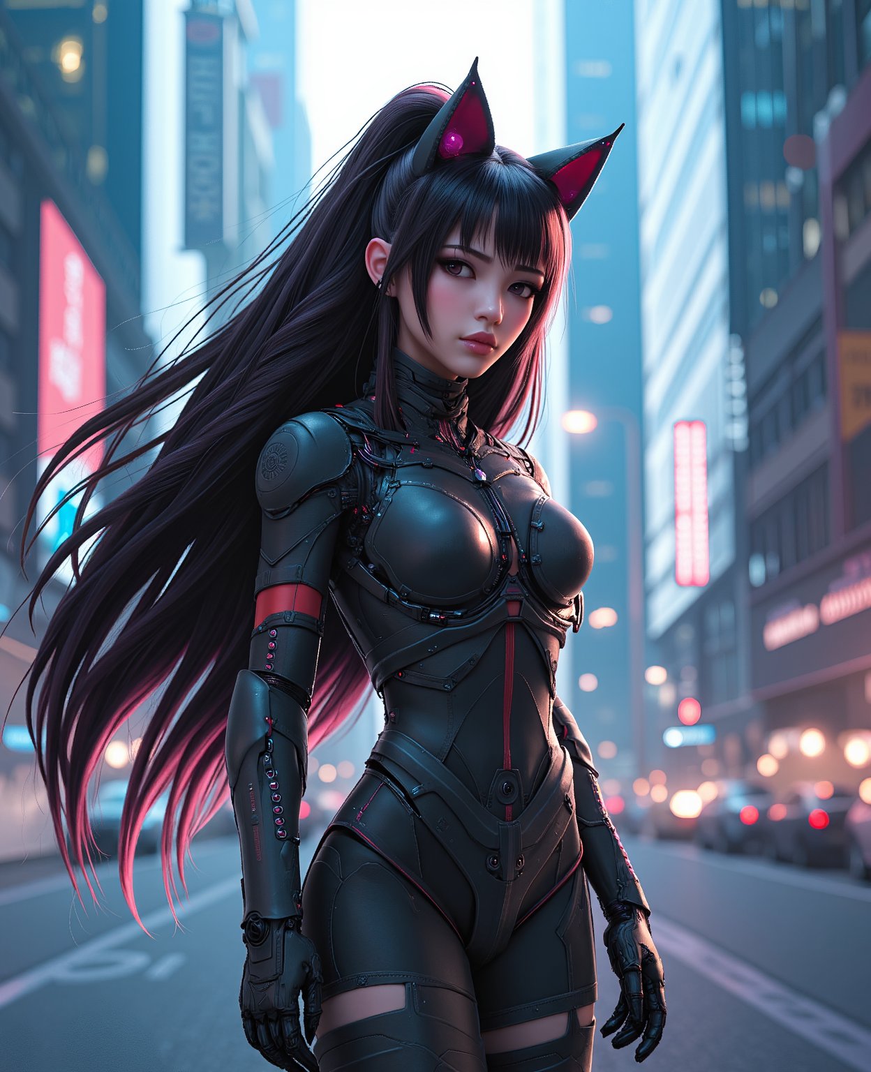 anime girl with long hair and cat ears in a city, digital cyberpunk anime art, cyberpunk anime girl mech, female cyberpunk anime girl, cyberpunk anime girl, anime cyberpunk art, cute cyborg girl, digital cyberpunk - anime art, cyberpunk anime art, oppai cyberpunk, anime style 4 k, perfect android girl, cyberpunk beautiful girl, beutiful girl cyborg