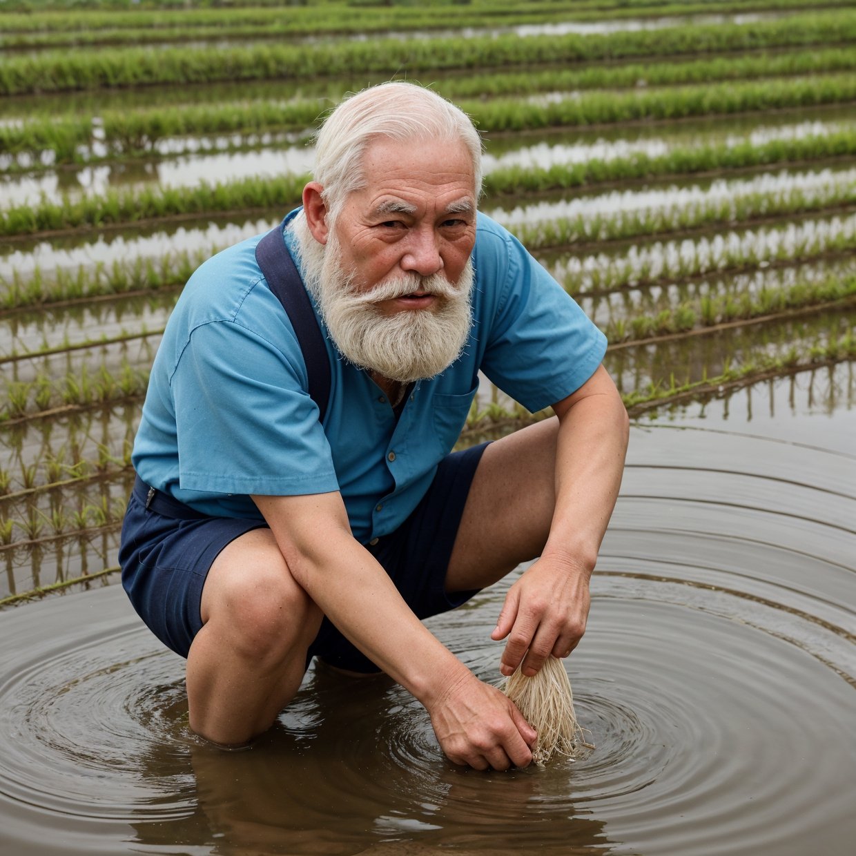 (old man,white beard,working,rice field,China,traditional,farming,harvesting,sunlight,peaceful,scenic beauty,humble,hardworking)