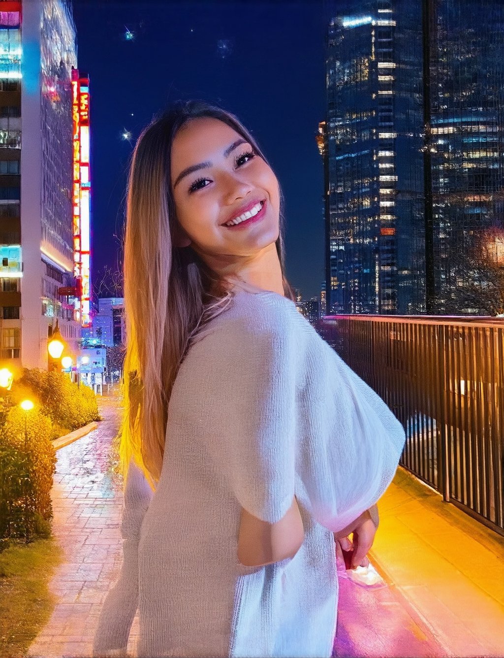 A solitary figure, a young woman with a radiant smile, stands out against the vibrant neon lights of the city at midnight. The urban landscape stretches behind her, with towering skyscrapers and bustling streets. Her face glows with an inner light, illuminated by the soft glow of street lamps, as she gazes up at the starry sky.