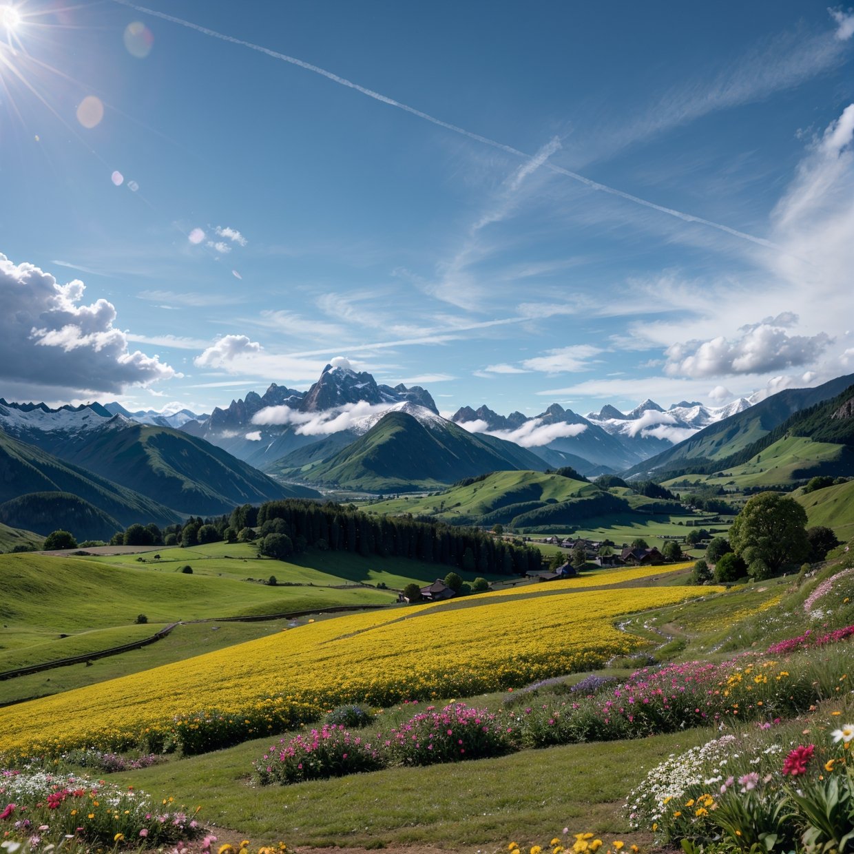 a beautiful lush green field with colorful flowers, towering snow-capped mountains in the background, sunlight filtering through clouds, serene and peaceful atmosphere, highly detailed, photorealistic, 8k, intricate details, vivid colors, natural lighting, landscape, panoramic view, majestic, breathtaking