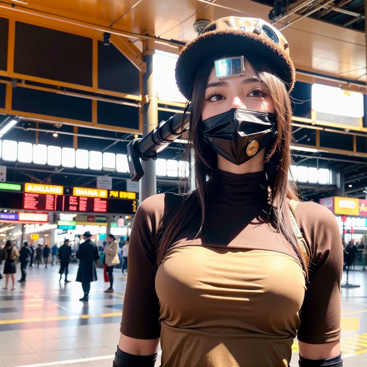 1 girl, aviator hat , solo, steam punk, train station, , steam, smoke, masterpiece, highly detailed,HDR,8k resolution, best quality,beauty