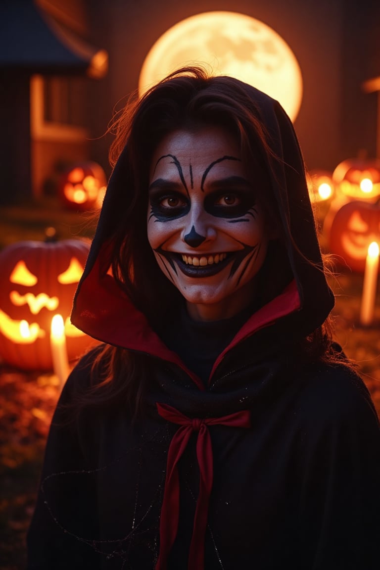 A close-up shot of a person dressed in a spooky Halloween costume, illuminated by a warm orange glow from candles and jack-o'-lanterns. The subject's face is painted with a ghostly pale complexion, dark eye circles, and a wicked grin, surrounded by a black cloak with crimson trim. The atmosphere is eerie, with cobwebs clinging to the character's shoulders and a full moon looming in the background.