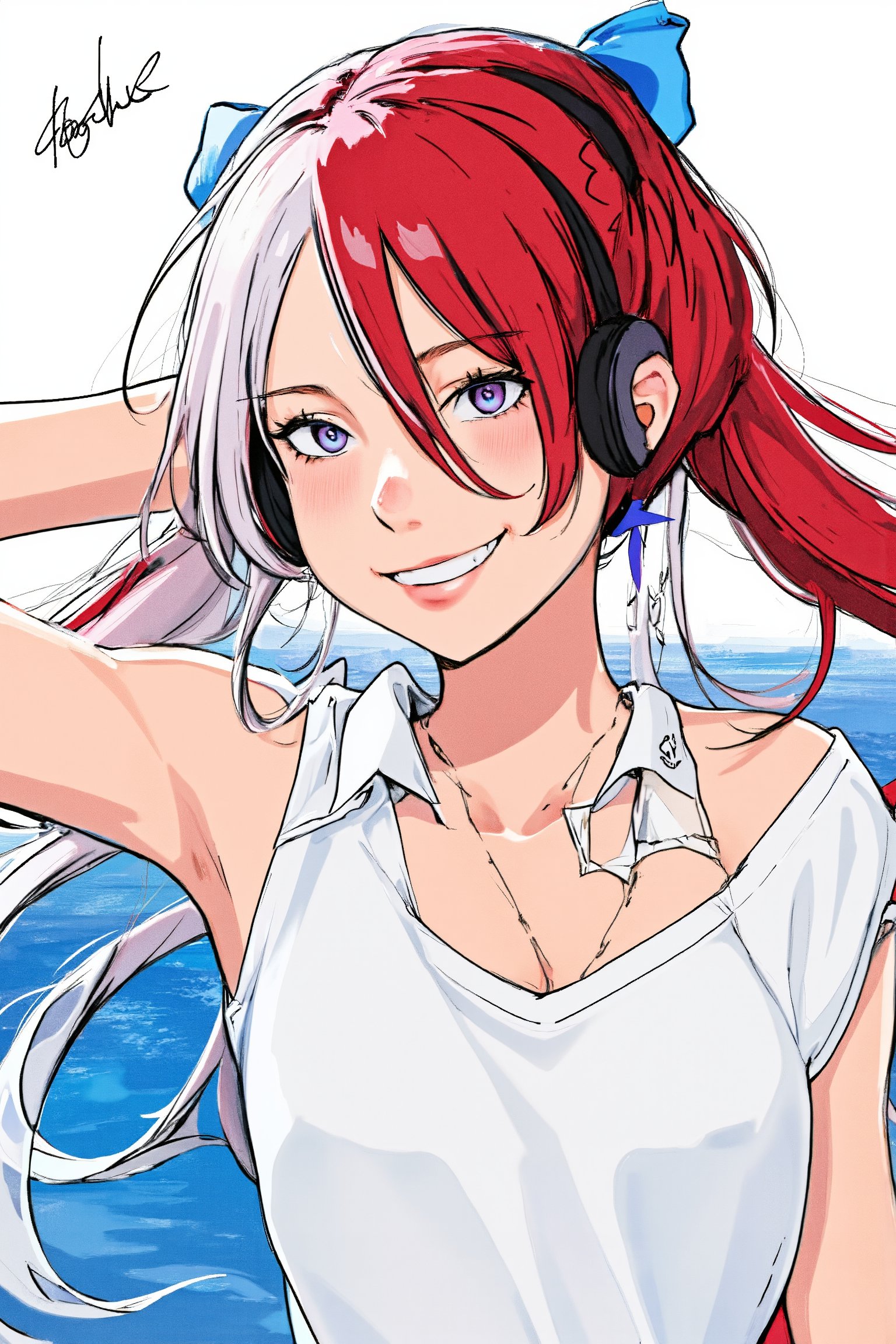 uta (one piece), oda eiichirou,, , 1girl, :d, bangs, blue ribbon, diamond-shaped pupils, diamond (shape), hair between eyes, headphones, long hair, multicolored hair, open mouth, purple eyes, red hair, ribbon, shirt, signature, sleeveless, sleeveless shirt, smile, solo, ((split-color hair)), symbol-shaped pupils, white hair, white shirt, sea, one eye covered, watercolor,, ,