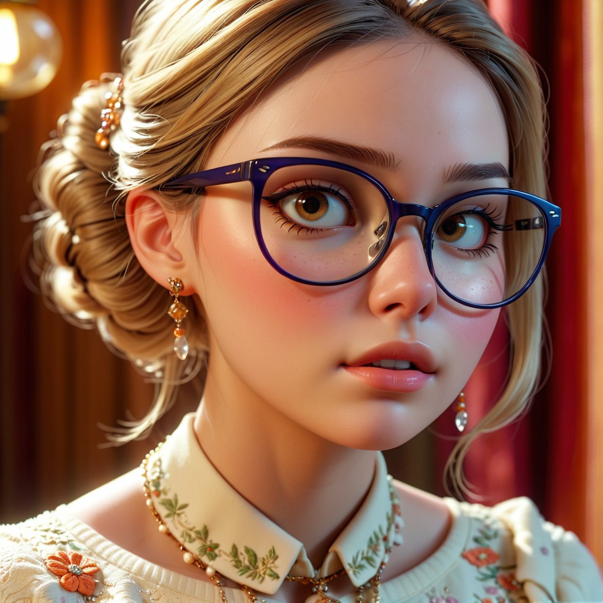 beautiful girl wearing glasses,detailed facial features,long eyelashes,porcelain skin,delicate facial expression,elegant hairstyle,intricate jewelry,detailed clothing,atmospheric lighting,dramatic lighting,cinematic composition,warm color palette,soft focus,digital painting,highly detailed,masterpiece,4k,photorealistic