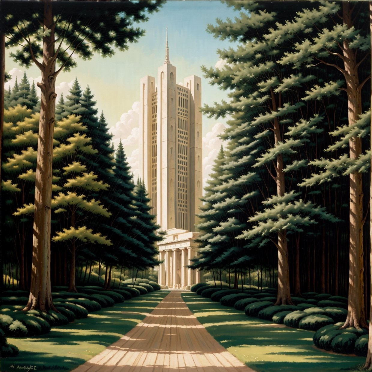 ralph-mcquarrie style, greek architecture done in a sci-fi style on a beautiful forest and meadow scene with tall buildings and open green spaces, oil painting, beautiful, highly detailed