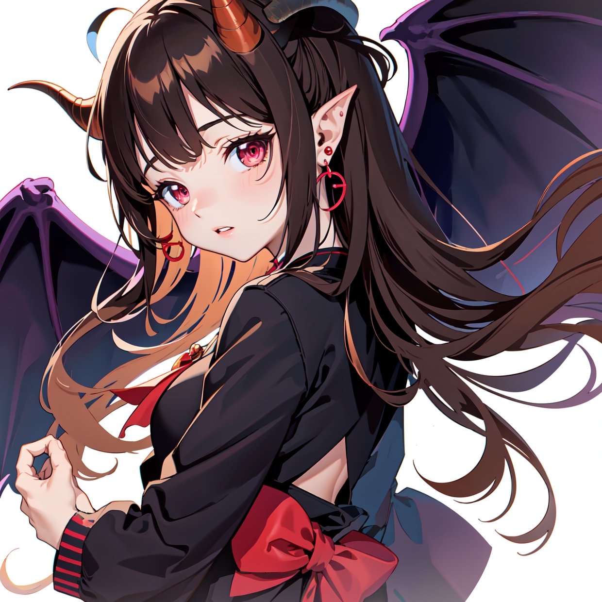 1girl, 1boy, horns, school uniform, pointy ears, wings, earrings, serafuku, jewelry, white background, upper body, red eyes, demon wings, demon horns, demon boy, simple background, back-to-back, pink eyes, parted lips, black serafuku, brown hair, demon girl, black hair, looking at viewer, long hair, gakuran