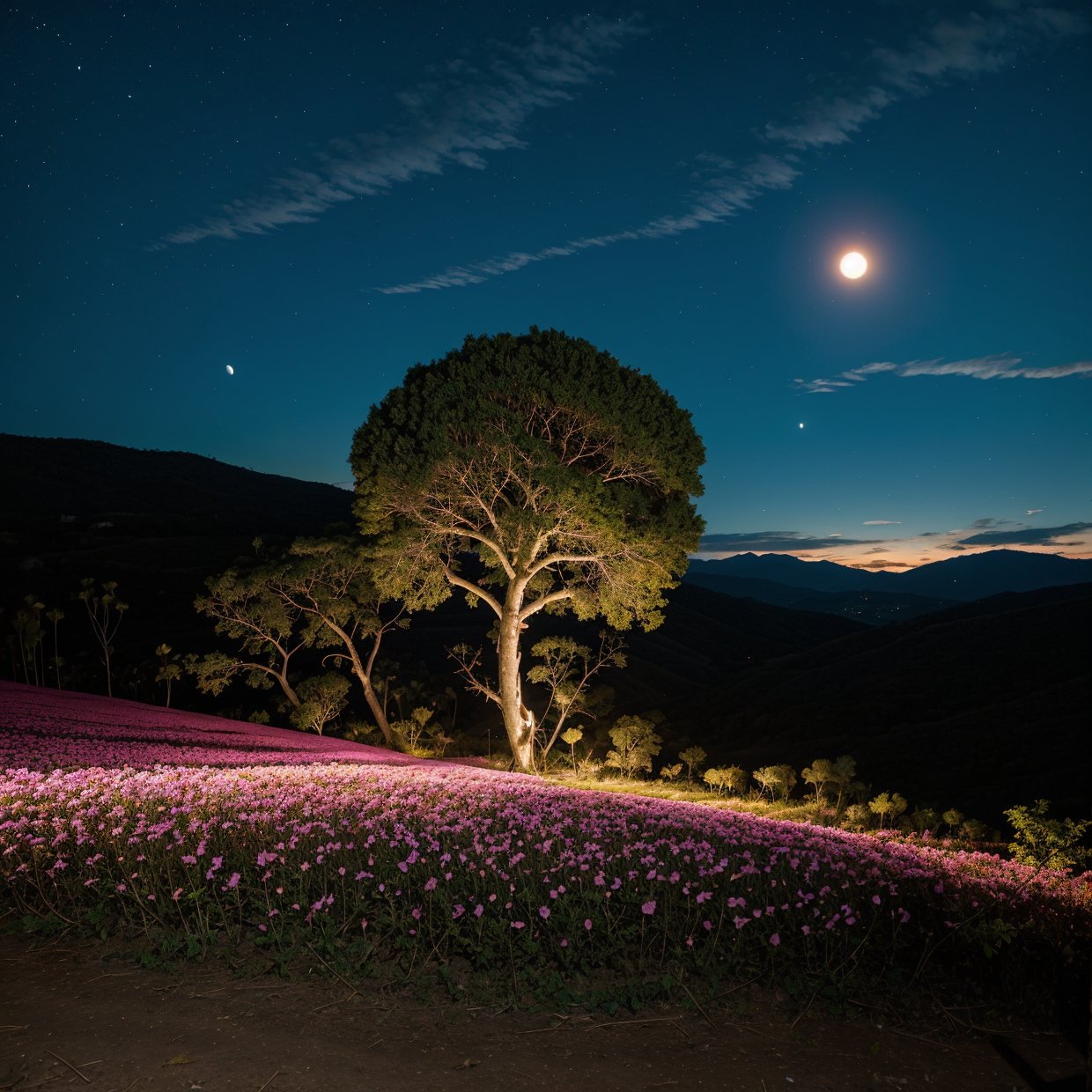 A surreal landscape with brightly colored giant flowers growing on a rolling hill, with a starry sky and a full moon shining over an abandoned city in the distance.