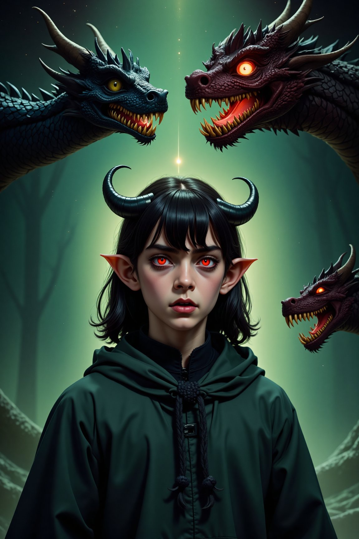 Fine, (Best Illustration), 8k Resolution, Intricate Details, Best Quality, Realistic, Ultra Detailed, Best Lighting, Best Shadows, Ultra HD, ((((Handsome Young Man))), ((teenage :1.5)), (glowing red eyes), (glowing eyes), ((((long black hair: 1.1))), ((dark green clothes)), (prince (indifferent expression), , (((Wearing high detail luxurious green robe))),, starry night sky, falling meteors, elf ears, ((fair skin)), with dragon horns on forehead, surrounded by giant dragons

