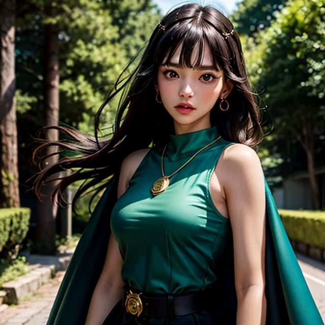 mj3d style,3dmm,3d,(masterpiece, best quality:1.1), ghibli style, san (mononoke hime), 1girl, armlet, bangs, black hair, black undershirt, breasts, cape, circlet, earrings, facepaint, floating hair, forest, fur cape, green eyes, jewelry, looking at viewer, medium breasts, nature, necklace, outdoors, parted bangs, shirt, short hair, sleeveless, sleeveless shirt, solo, tooth necklace, tree, upper body, white shirt