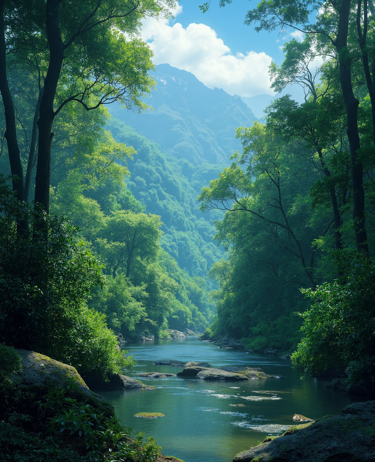 painting of a stream running through a lush green forest filled with trees, detailed painting 4 k, mountains river trees, anime landscape wallpaper, beautiful art uhd 4 k, anime countryside landscape, detailed scenery —width 672, beautiful digital painting, 4k highly detailed digital art, beautiful anime scenery, 8k high quality detailed art, anime nature wallpap, anime nature