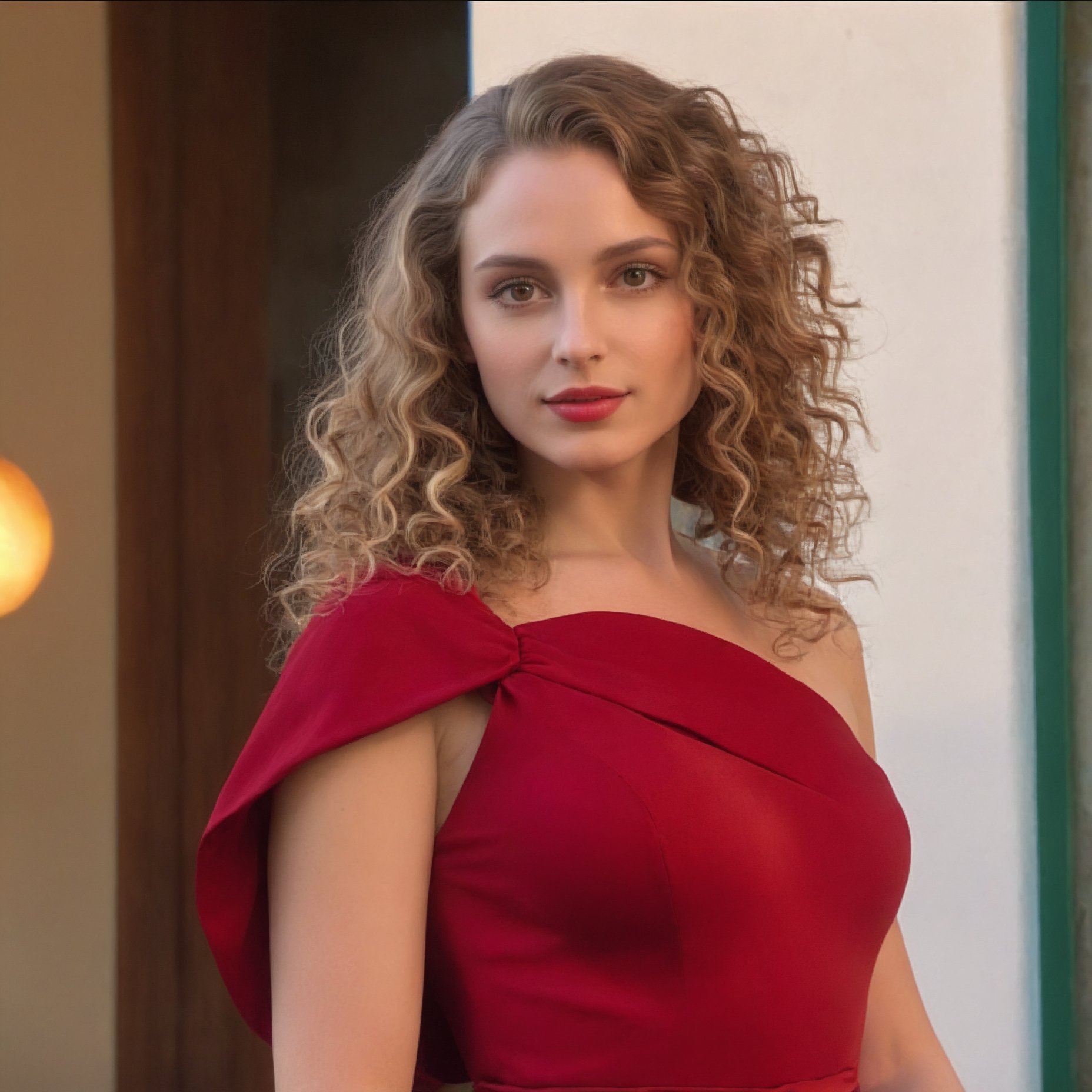 (best quality,4k,8k,highres,masterpiece:1.2),ultra-detailed,(realistic,photorealistic,photo-realistic:1.37),portrait,white-skinned woman:1.2,long curly hair:1.2,elegant red dress,snub-nosed,bright brown eyes,VSCO filter: C8,highly detailed digital painting,chiaroscuro lighting,cinematic composition,warm color palette,oil painting style,sophisticated,elegant,classy