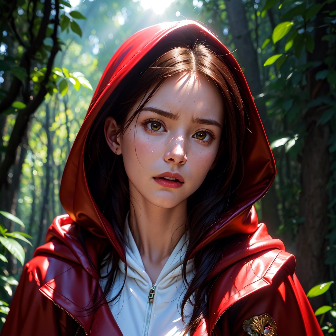 close-up portrait of NewLaraCroft in a forest, (backlight), realistic, masterpiece, highest quality, ((red hooded cloak)), ((scared )), lens flare, shadow, bloom, (( flashes of light)), [chromatic aberration], by Jeremy Lipking, by Antonio J. Manzanedo, by (Alphonse Mucha), digital painting