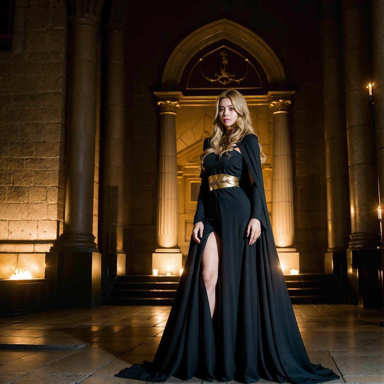 dark soul, dim light, old church, mature female, slim, tall, long blonde curly hair, long black cape, red leotardy long skirt, long skirt with diamond, gold bracelet, 8k, Official style, European aristocracy,