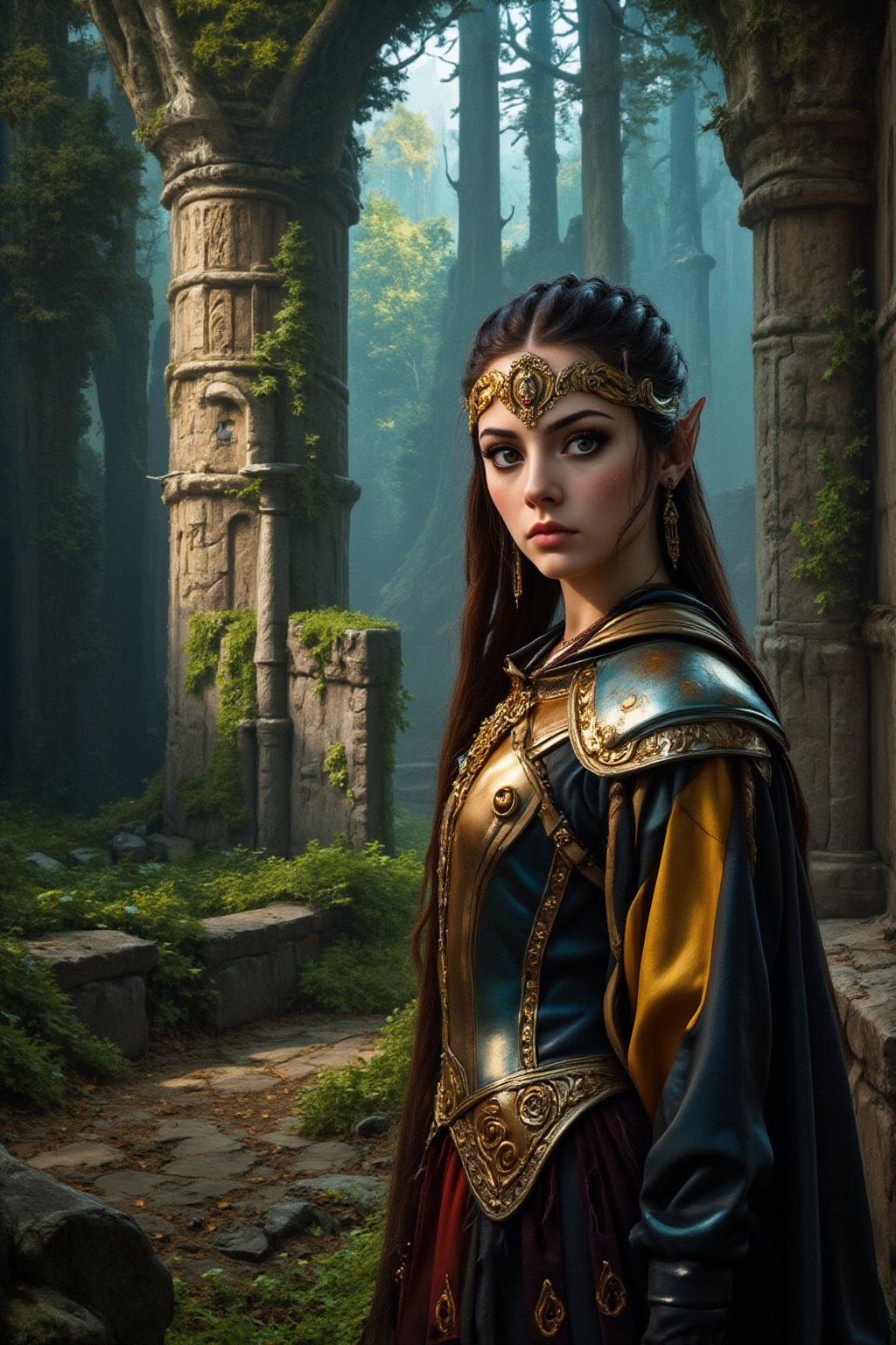 A fantasy landscape, detailed forest with lush foliage, epic castle in the distance, beautiful detailed eyes, beautiful detailed lips, extremely detailed face and features, long eyelashes, medieval fantasy outfit, sword and shield, dramatic lighting, cinematic composition, vibrant colors, digital art, concept art style, (best quality,4k,8k,highres,masterpiece:1.2),ultra-detailed,(realistic,photorealistic,photo-realistic:1.37)