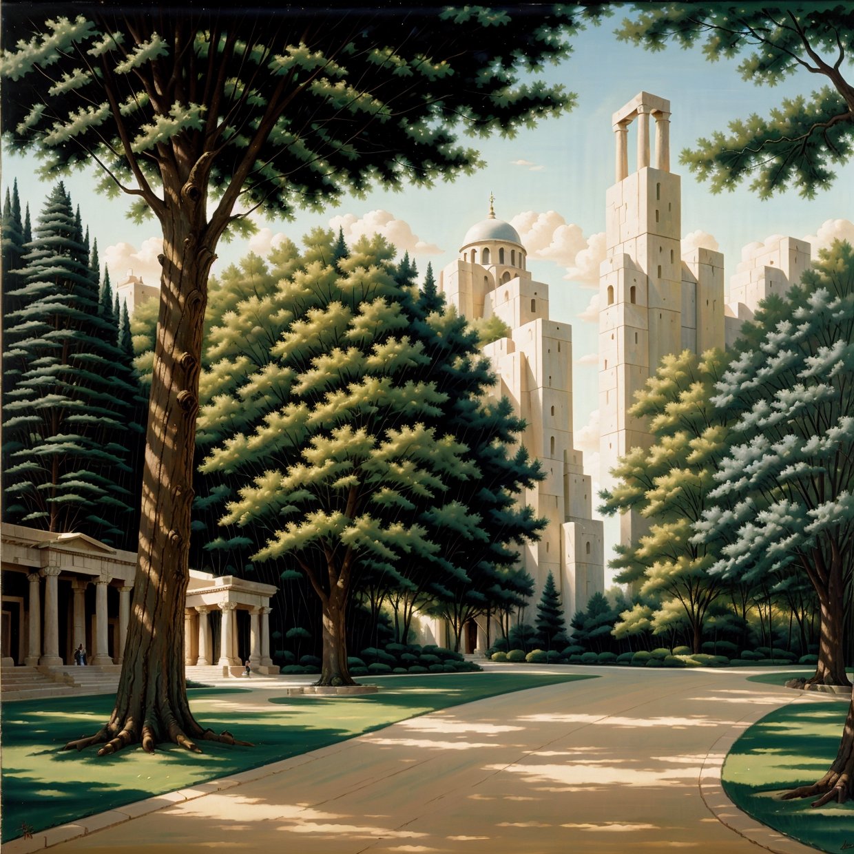 ralph-mcquarrie style, greek architecture done in a sci-fi style on a beautiful forest and meadow scene with tall buildings and open green spaces, oil painting, beautiful, highly detailed