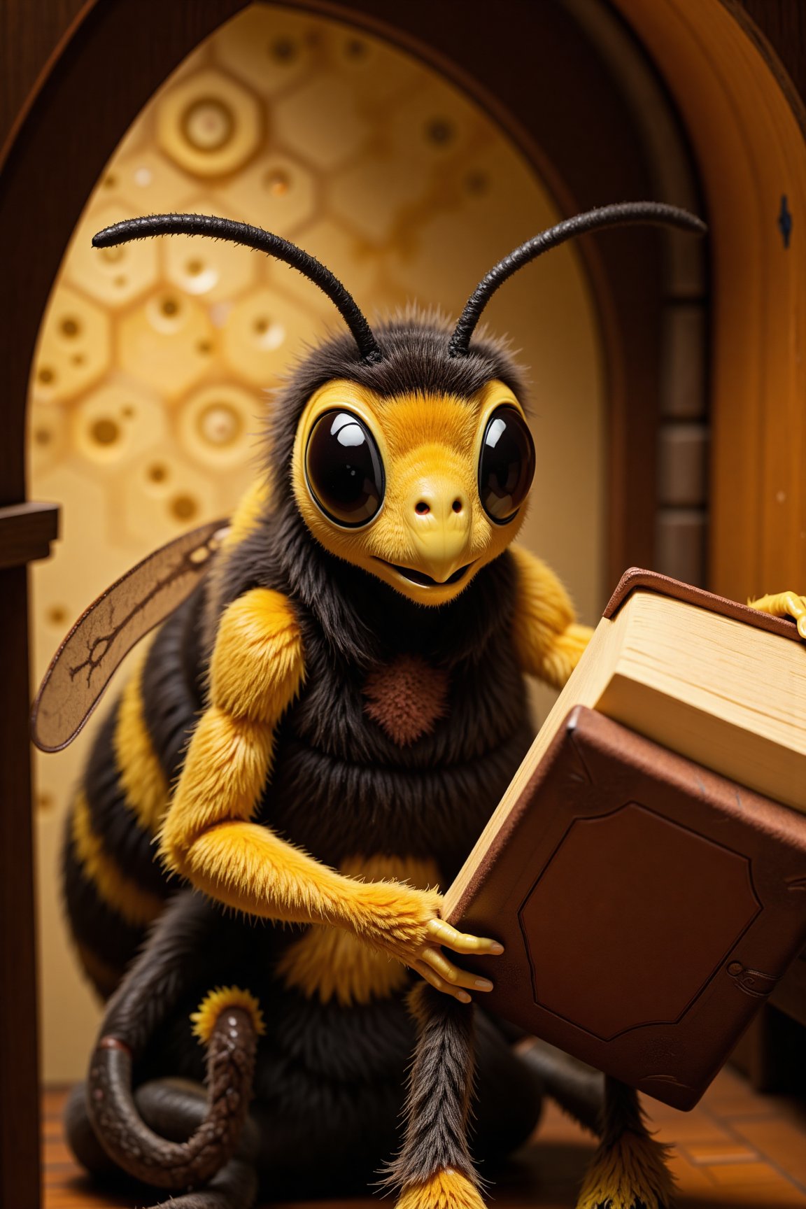 A close-up shot of a psychologist bee, Peluche, sitting in a cozy hive-styled therapy room. Soft, warm lighting illuminates her gentle features and the worn leather-bound book she's holding. Her antennae are slightly askew, as if lost in thought. The walls are adorned with honeycombed patterns, adding to the whimsical atmosphere. Peluche's pose conveys empathy and understanding, inviting the viewer into a world where bees can explore their emotional lives.

