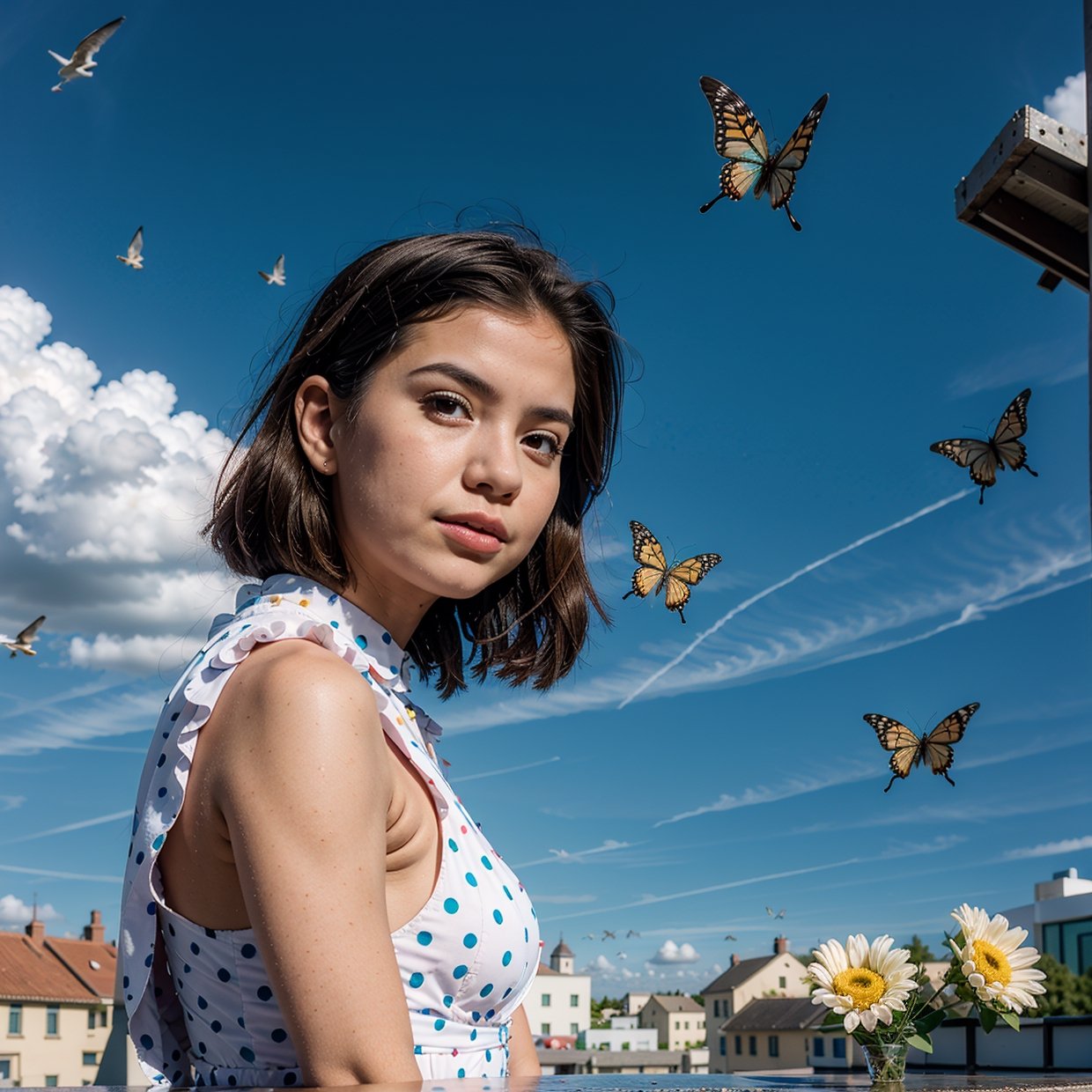 masterpiece, best quality, 1girl, bird, seagull, sky, cloud, polka_dot, blue_sky, solo, cloudy_sky, bug, butterfly, day, blush, flock, outdoors, Abigail