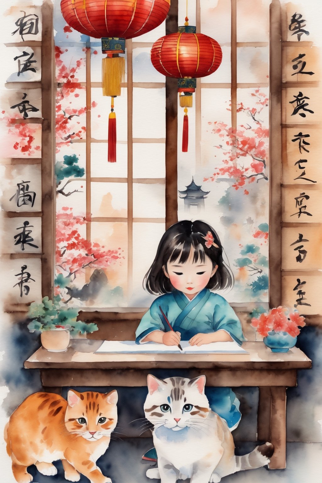 A little cute Asian girl sits attentively in a whimsical classroom adorned with vibrant Chinese zodiac symbols. Playful cats of all breeds and sizes surround her, their curious eyes peering from every corner. The scene exudes a sense of warmth and tranquility. The artwork is created using watercolor and ink techniques, with delicate brushstrokes and bold colors. Influenced by the works of Japanese illustrator Chihiro Iwasaki and the Chinese brush painting style. Camera: Canon EOS R, settings: aperture f/4, shutter speed 1/125, film: Fujifilm Pro 400H.