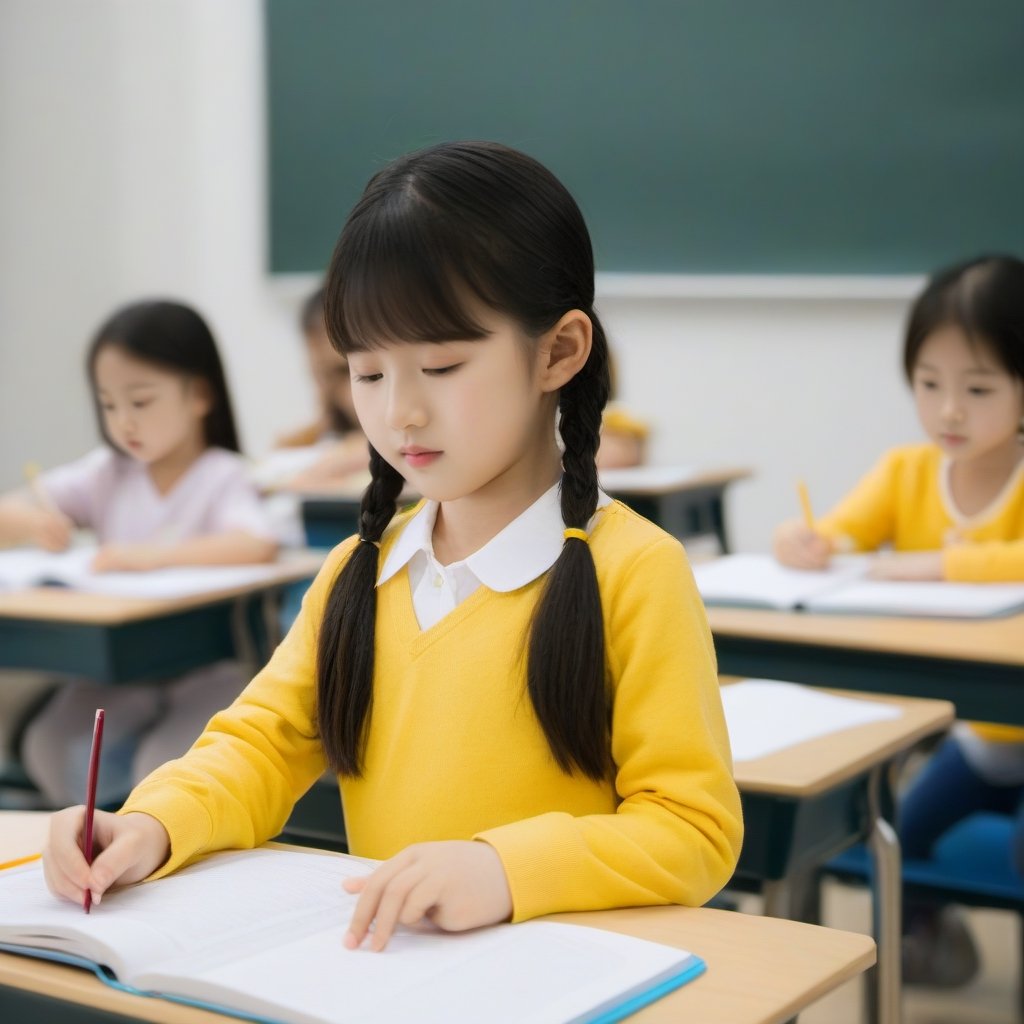 a little Asian girl studying in the classroom