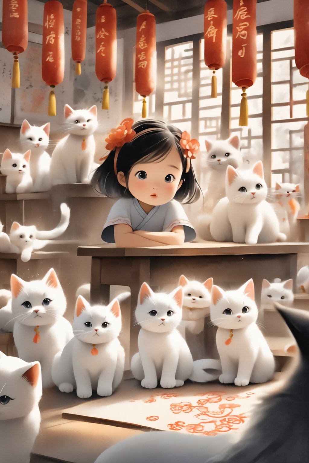 A little cute Asian girl sits attentively in a whimsical classroom adorned with vibrant Chinese zodiac symbols. Playful cats of all breeds and sizes surround her, their curious eyes peering from every corner. The scene exudes a sense of warmth and tranquility. The artwork is created using watercolor and ink techniques, with delicate brushstrokes and bold colors. Influenced by the works of Japanese illustrator Chihiro Iwasaki and the Chinese brush painting style. Camera: Canon EOS R, settings: aperture f/4, shutter speed 1/125, film: Fujifilm Pro 400H.