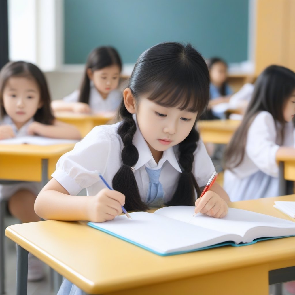 a little Asian girl studying in the classroom