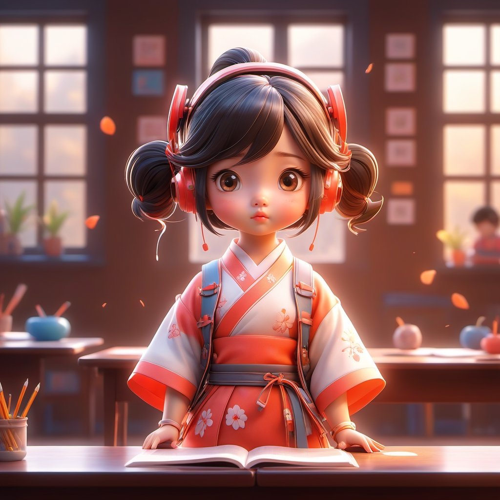 A little Asian girl studying attentively in a classroom with soft natural light from the windows, photorealistic digital painting by a talented artist, vibrant and saturated color scheme, extremely detailed 8K resolution octane render portrait,NYFlowerGirl,DonMM4ch1n3W0rldXL ,chibi