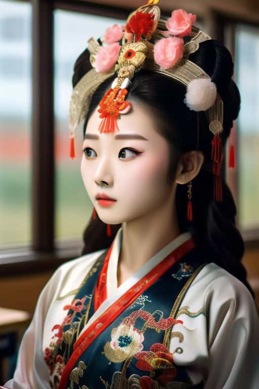 A little girl playing Chinese opera in the classroom