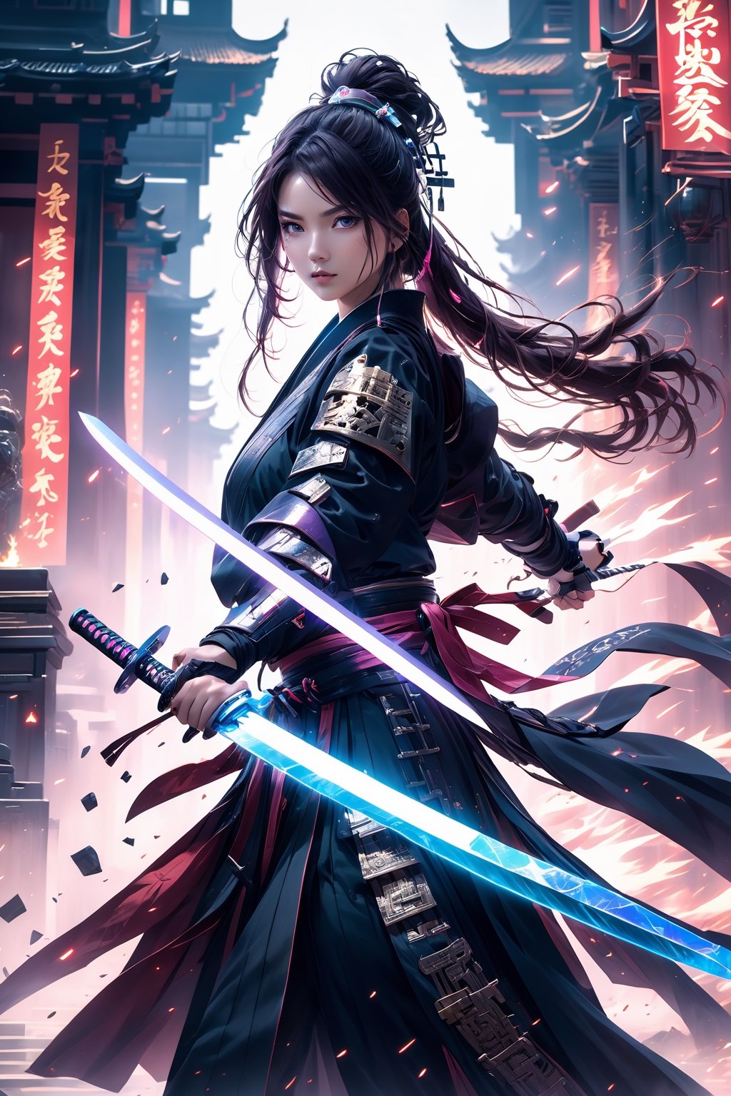 A cyberpunk girl showcasing her swordsmanship skills in a duel. Her blade clashes against an opponent's mechanical shield, creating dazzling sparks. The duel takes place in an ancient setting that has been retrofitted with cyberpunk elements, combining old-world architecture with futuristic technology. The girl is dressed in a mix of traditional Chinese Hanfu and punk style, with her sword emanating a faint glow, indicating advanced technology or magic at work.