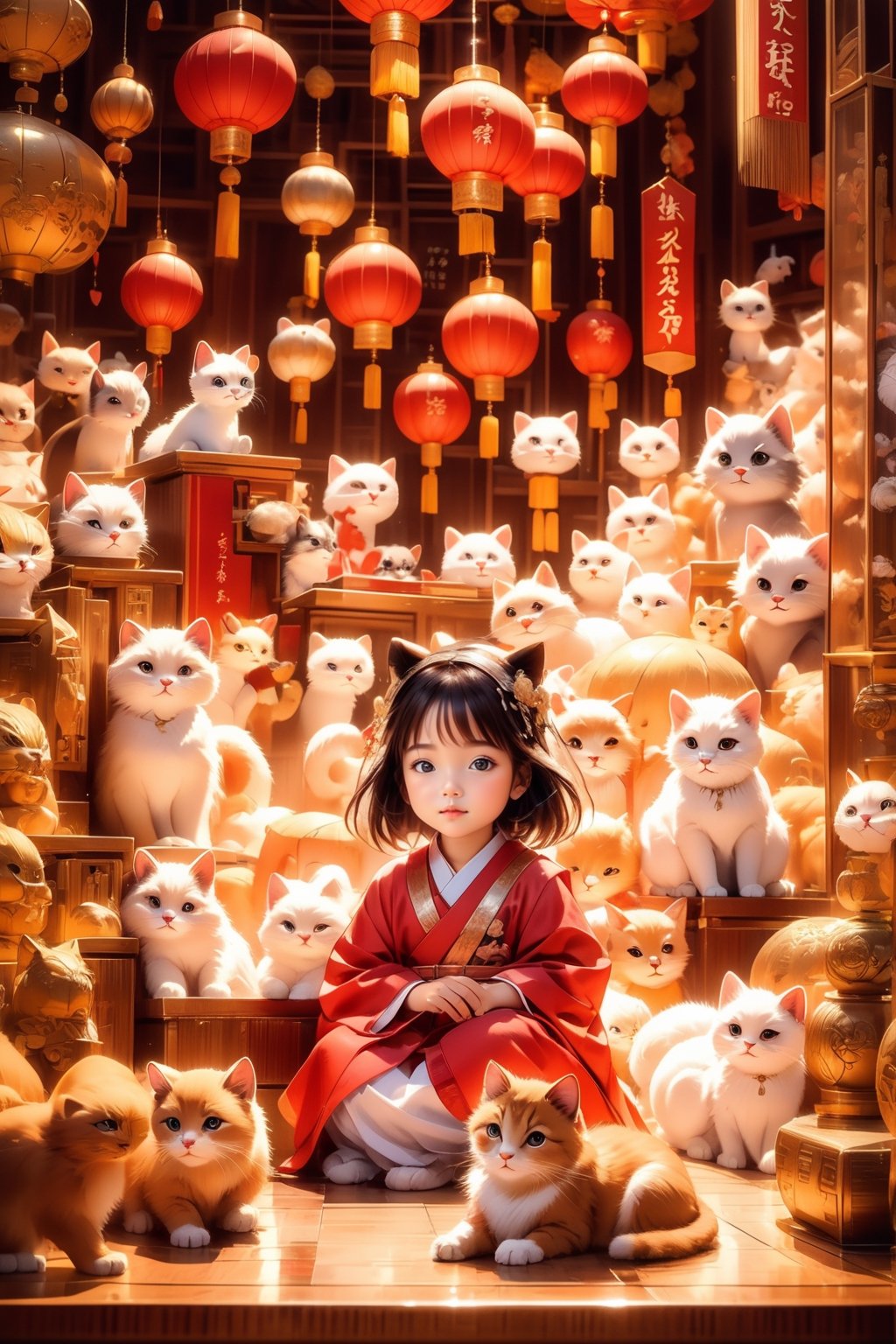 A little cute Asian girl sits attentively in a whimsical classroom adorned with vibrant Chinese zodiac symbols. Playful cats of all breeds and sizes surround her, their curious eyes peering from every corner. The scene exudes a sense of warmth and tranquility.  Camera: Canon EOS R, settings: aperture f/4, shutter speed 1/125, film: Fujifilm Pro 400H.