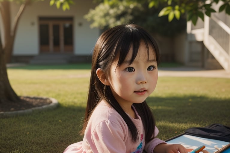 A photo-realistic, highly detailed digital painting portrait of a little Asian girl playing outside of a classroom on a sunny day with soft daylight and vibrant, warm colors.