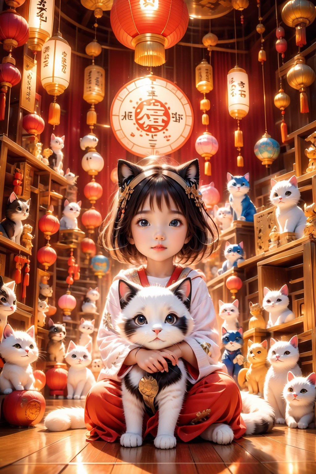 A little cute Asian girl sits attentively in a whimsical classroom adorned with vibrant Chinese zodiac symbols. Playful cats of all breeds and sizes surround her, their curious eyes peering from every corner. The scene exudes a sense of warmth and tranquility.  Camera: Canon EOS R, settings: aperture f/4, shutter speed 1/125, film: Fujifilm Pro 400H.