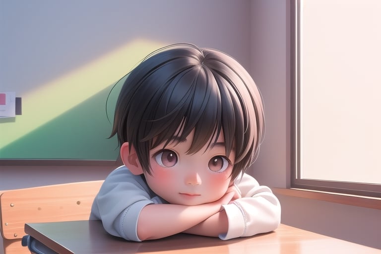 A photo-realistic, highly detailed digital painting portrait of a little Asian boy playing outside of a classroom on a sunny day with soft daylight and vibrant, warm colors.