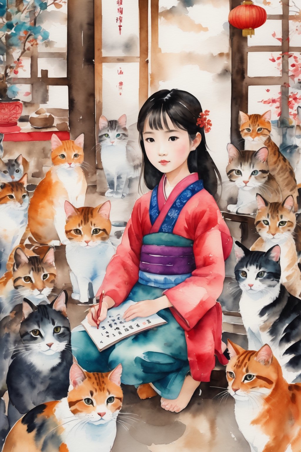 A little cute Asian girl sits attentively in a whimsical classroom adorned with vibrant Chinese zodiac symbols. Playful cats of all breeds and sizes surround her, their curious eyes peering from every corner. The scene exudes a sense of warmth and tranquility. The artwork is created using watercolor and ink techniques, with delicate brushstrokes and bold colors. Influenced by the works of Japanese illustrator Chihiro Iwasaki and the Chinese brush painting style. Camera: Canon EOS R, settings: aperture f/4, shutter speed 1/125, film: Fujifilm Pro 400H.