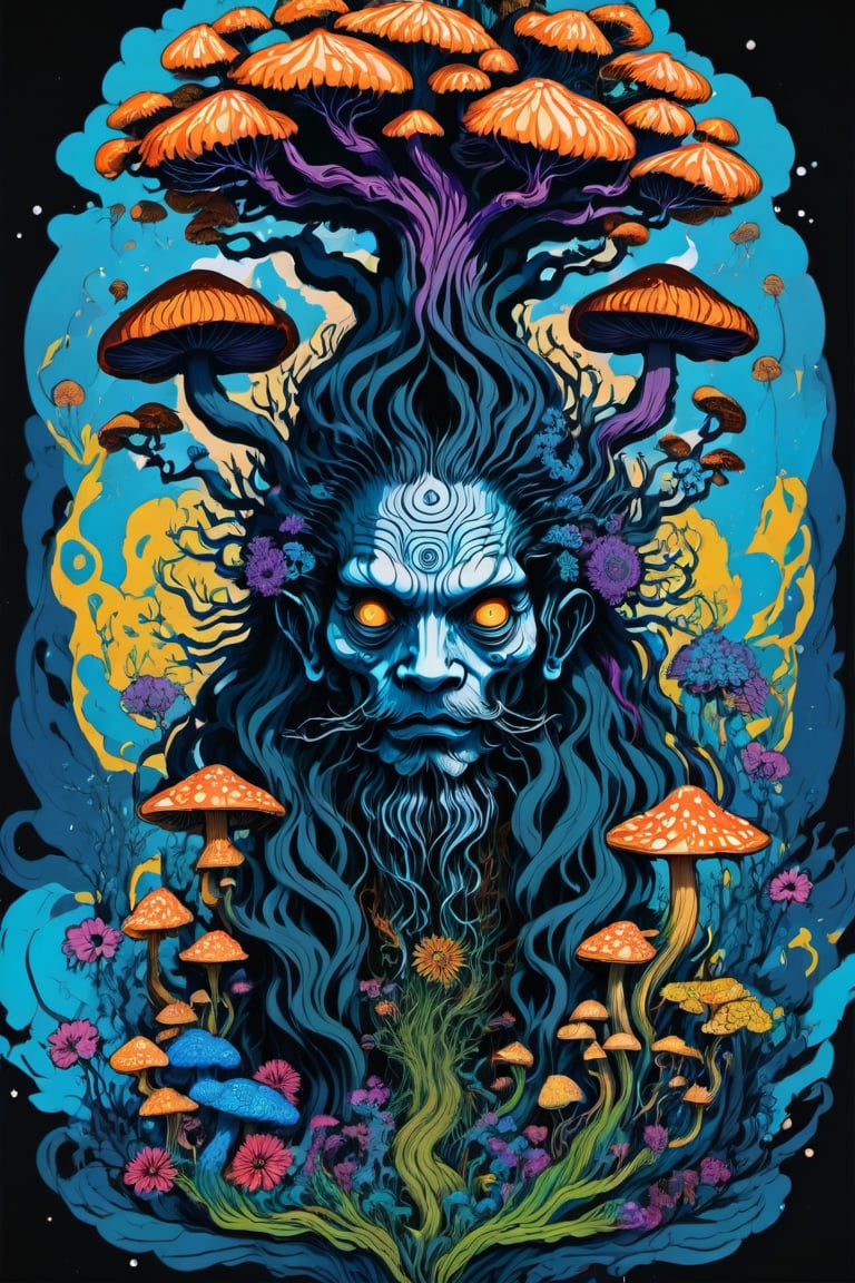 Leonardo Style, illustration,Centred vector art, high contrast, Well-defined black lines, A mystical being with hair as if they were floating roots and some blooming  flowers and mushrooms, trippy Optical effect,traditional Chinese style, intense dark colors , LSD trip style ,  Centred vector art, ,oni style