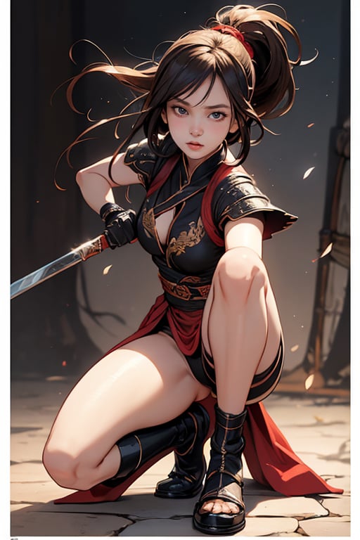 physically-based rendering, portrait, ultra-fine painting, extreme detail description, Akira Kurosawa's movie-style poster features a full-body shot of a super cute 18-year-old European-Japanese girl, embodying the Shinobi of Japan's Warring States Period, An enigmatic female kunoichi, clad in ninja armor , This striking depiction, seemingly bursting with unspoken power, illustrates a fierce and formidable female warrior in the midst of battle. The image, likely a detailed painting, showcases the intensity of the female ninja's gaze and the intricate craftsmanship of his armor. Each intricately depicted detail mesmerizes the viewer, immersing them in the extraordinary skill and artistry captured in this remarkable 