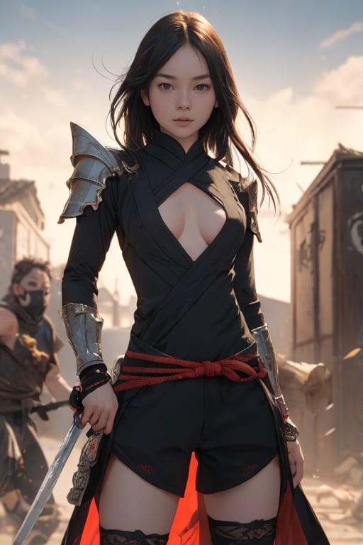 physically-based rendering, portrait, ultra-fine painting, extreme detail description, Akira Kurosawa's movie-style poster features a full-body shot of a super cute 18-year-old European-Japanese girl, embodying the Shinobi of Japan's Warring States Period, An enigmatic female kunoichi, clad in ninja armor , This striking depiction, seemingly bursting with unspoken power, illustrates a fierce and formidable female warrior in the midst of battle. The image, likely a detailed painting, showcases the intensity of the female ninja's gaze and the intricate craftsmanship of his armor. Each intricately depicted detail mesmerizes the viewer, immersing them in the extraordinary skill and artistry captured in this remarkable 