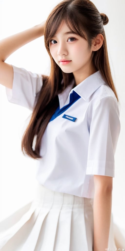 1girl, half body portrait, (age 13-16:1.4), gorgeous, (dynamic pose:0.8),studio lighting, white background, finnish-japanese  teen top model, bang, curly long hair, buns, heterochromia, white shirt, blue skirt, Thai student uniform