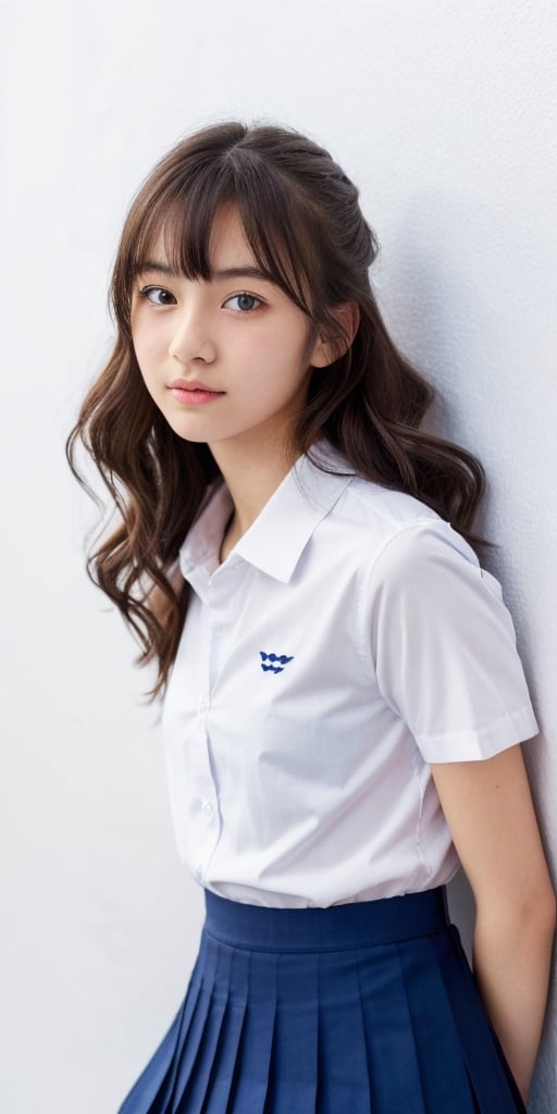 1girl, half body portrait, (age 13-16:1.4), gorgeous, (dynamic pose:0.8),studio lighting, white background, finnish-japanese  teen top model, bang, curly long hair, buns, heterochromia, white shirt, dark blue pleated  skirt, Thai student uniform