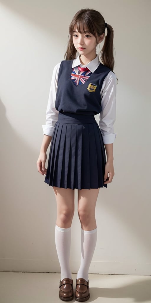 Photograph by David Hamilton, masterpiece, full body shot, attractive Thai highschool girl, (((wearing british school uniform))), slim waist, tender face,  innocent face, tender shiny skin, cute, purerosface, smooth soft white skin, beautiful face, small and slim face, blond hair, side swept bangs, buns, twin tails, top-model, sensual face