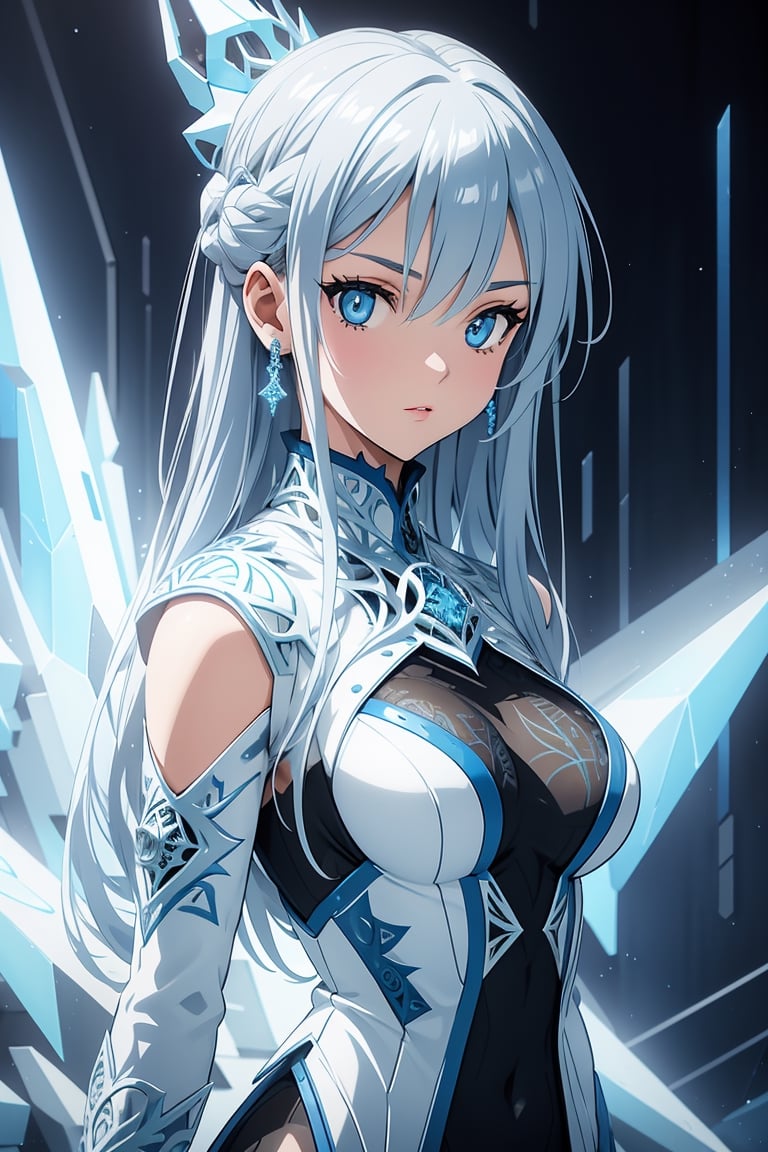 2.5D drawing, sexy 18 year old girl wearing ice magic clothing, icy silver hair, icy cobolt blue clothes, freezing, lightshow, (visual art, abstract:1.2), fantasy, (photorealistic:1.3), (intricate details:1.5), shallow depth of field, bokeh, Digital illustration, Fantasy
